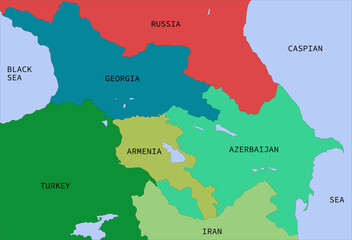 South caucasus colorfull political map - obrazy, fototapety, plakaty