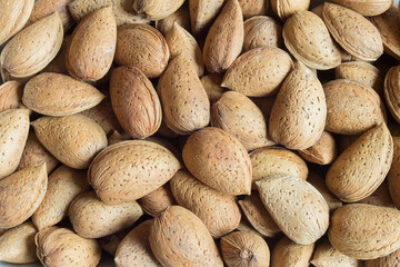 Close-up of a group of shelled almonds. Organic texture background. Healthy food.