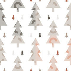 Obraz premium Christmas park with decorated geometric trees. Abstract seamless vector pattern suitable for wrapping paper, interior decoration and stationery. 