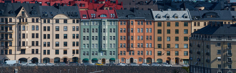 Obraz premium Color full facades of houses in the district Vasa Stan a sunny morning in Stockholm