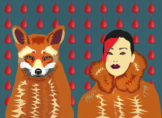 Ilustracja kobieta w futrze i lis na tle kropli krwi symbolizujących okrucieństwo