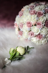 Flower arrangement. Wedding bouquet and boutonniere
