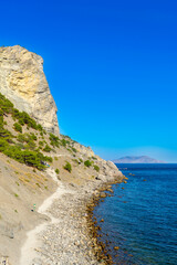 Panoramic landscape with Black Sea shore near Noviy Svet resort. Crimean peninsula