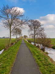 Fototapeta na wymiar empty road in a Dutch polder landscape with blue sky 