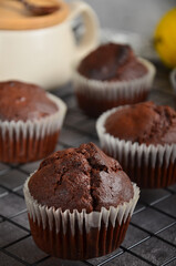 Chocolate muffin with a crack on top on a black metal grate on a black background.