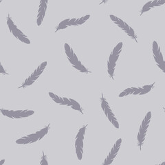 Lilac feathers seamless pattern on blue background.