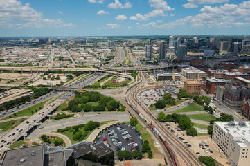 Aerial view of Dallas, Texas, from the Reunion Tower Observation Deck. Dallas is the largest urban center of the fourth most populous metropolitan area in the United States.