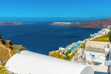 A view from the village of Imerovigli, Santorini across the caldera in summertime