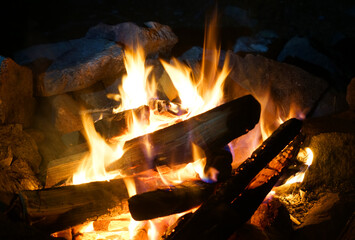 burning firewood and camp fire at night