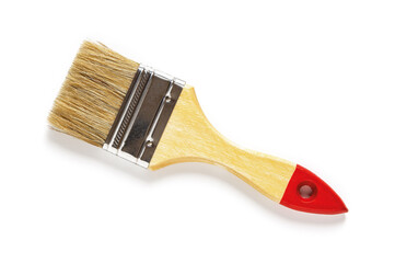 New natural bristle paint brush with red tip wooden handle isolated on white background. Design...