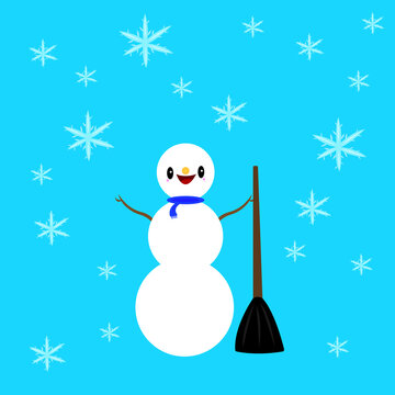 Snowman In A Blue Scarf Smiles And Holds A Broom In His Hand