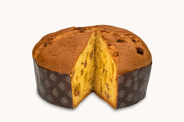 Panettone with marron glace - typical Italian cake from Milan prepared to celebrate Christmas and New Year with the cuts of a slice, isolated on white