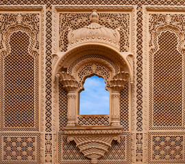 Exterior of Patwon Ki Haveli in Jaisalmer, Rajasthan state of India. A haveli is a traditional...