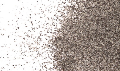 Minced poppy seeds, ground pile isolated on white background and texture, top view