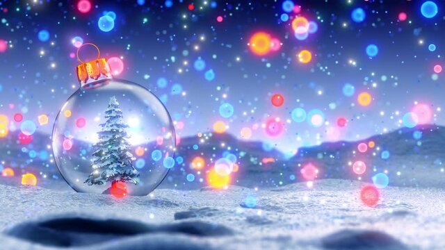 Snow Ball With Christmas Tree In It And Lights On Winter Background