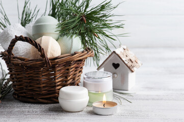 Bath bombs in basket in Christmas SPA composition