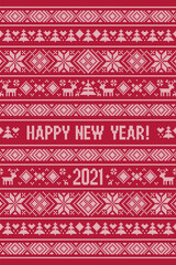 Happy New Year 2021 knitted pattern. Scandinavian style with deer, snowflakes, fir. Design for sweater, wallpaper, greeting card. Knitting effect background. Red and white colors. Vertical orientation