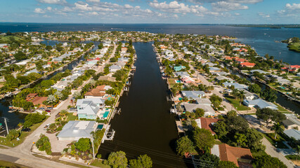 "Anna Maria Island, FL / USA - 11-14-2020: Drone view of the luxurious Intracoastal waterfront homes on Anna Maria Island."