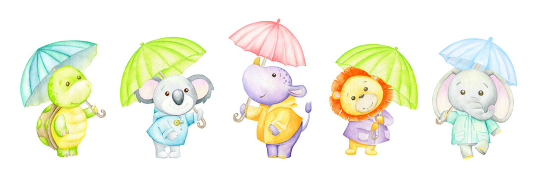 Turtle, hippopotamus, Kuala, lion, elephant, holding umbrellas. Watercolor set of tropical animals in cartoon style, on an isolated background.
