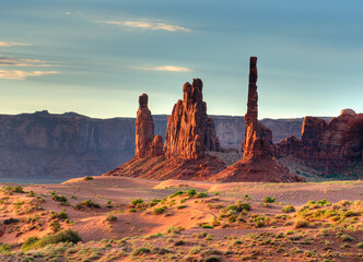 View To The Totem Pole In The Sand Dunes Of The Monument Valley Arizona In The Morning On A Sunny...
