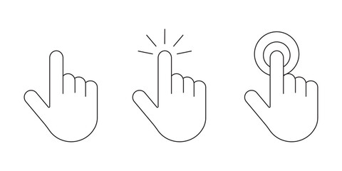 Hand click pointer icons set. Clicking pointing hand vector symbols in outline style - obrazy, fototapety, plakaty
