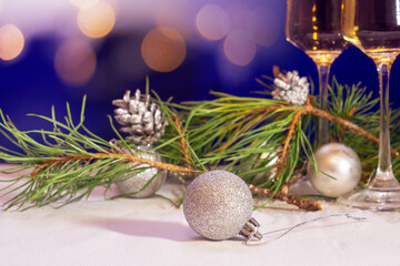Christmas decorations and champagne glasses. New year background