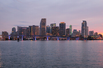 Fototapeta premium View To The Skyline Of Miami From Watson Island At Dusk On A Sunny Autumn Evening With A Clear Blue Sky And A Few Clouds