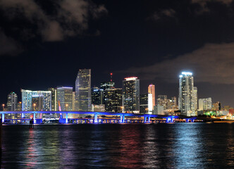 View To The Skyline Of Miami From Watson Island At Night On An Autumn Evening With A Clear Blue Sky And A Few Clouds