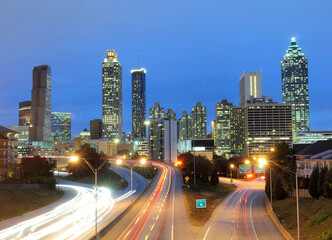 View To Atlanta Skyline From Freedom Parkway At Dusk On A Sunny Autumn Day With A Clear Blue Sky And A Few Clouds