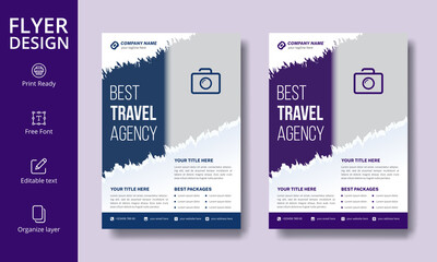 Creative Blue and Purple Brush Effect Editable A4 Size Travel Flyer or Poster Design with Bleed