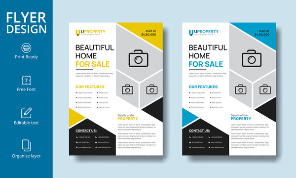 Beautiful Modern Yellow and Blue Real Estate Flyer Design Sets | Editable Flier Template