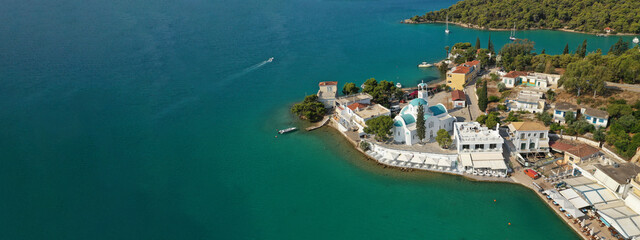 Aerial drone ultra wide panoramic photo of picturesque seaside village and bay of Porto Heli a safe anchorage for yachts and sailboats, Argolida, Peloponnese, Greece