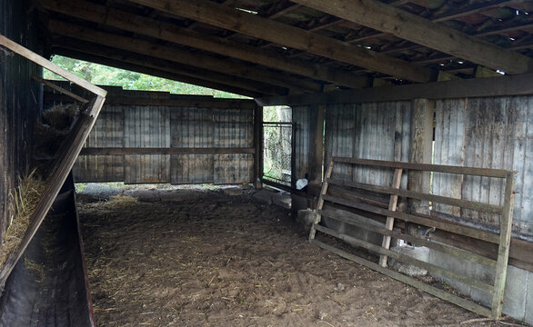 Outer part of a rustic old wooden sheepfold. Hay on the ground. The back is half open.