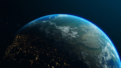 Planet Earth in the rays of the sun, going from night to day with cloud formations and city lights. 3D rendering with detailed satellite map of NASA.