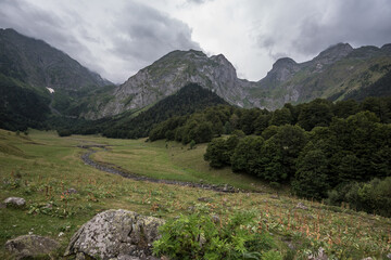 Fototapeta na wymiar View of Artiga de Lin valley, a protected natural area, located in the municipalities of Es Bordes and Vielha cities, in the region of Aran valley, Catalan Pyrenees, Spain.