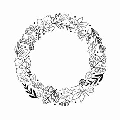 Hand-drawn wreath of autumn leaves. Floral round border . - 394251591