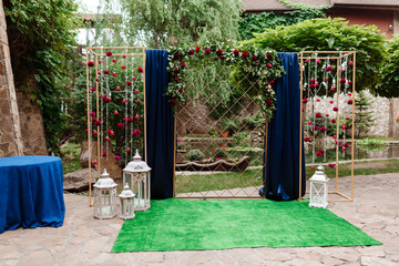 wedding arch. decorated white chairs at a wedding ceremony