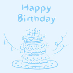 postcard congratulation boy happy birthday. blue cake, candy, candles on the cake, flags. holiday, congratulations. doodle, sketch. vector eps 10. Invitation to the holiday, gift.