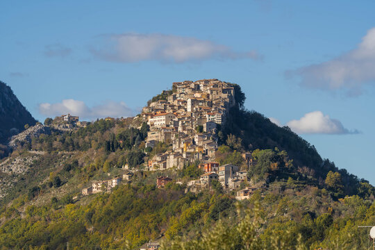 Mountain view of medieval Borgo Canterano in Abruzzo, Italy