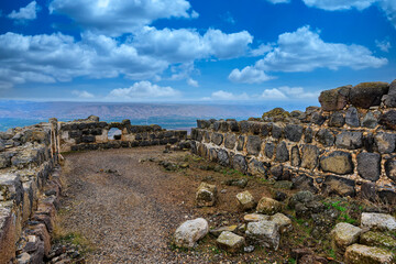 Partially preserved outer and inner walls of a 12th century Crusader fortress at Jordan Star...