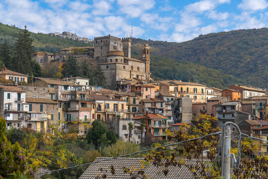 Autumn view of Arsoli town in Lazio mountains, Italy