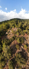 Vertical view of the mountain from near the city of Larnaca, Cyprus. Hills with coniferous trees. Taken from a drone.