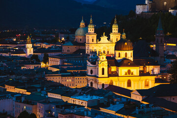 Scenic top view of the Salzburg city at night. Location Salzburger Land, Austria, Europe.