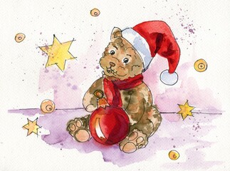 christmas card with toy bear in santa's hat 