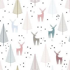 Seamless winter pattern with fir trees and deer on a white background. Isolated objects. Vector illustration in flat scandinavian style for fabric, wallpaper, clothing, covers, packaging.