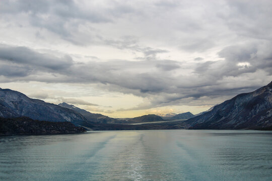 Cruise ship in Alaska. Wake jet.  Panaramic view of akaska