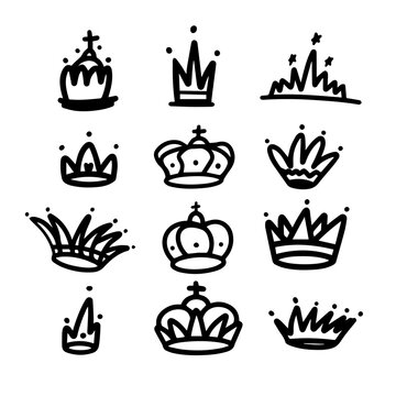 Crown king icon set in doodle style. Sketch king crown logo