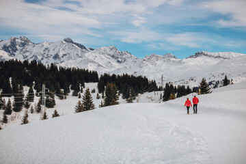 Fototapeta na wymiar couple de randonneurs dans la neige aux Saisies en France