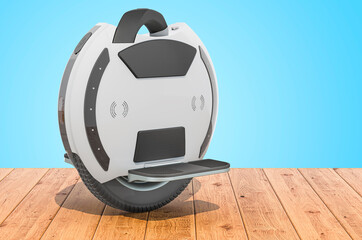 Electric Unicycle on the wooden planks, 3D rendering © alexlmx