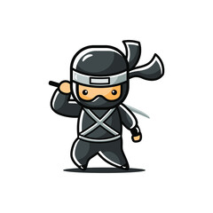 Obraz premium Little black cartoon ninja stand with sword in back